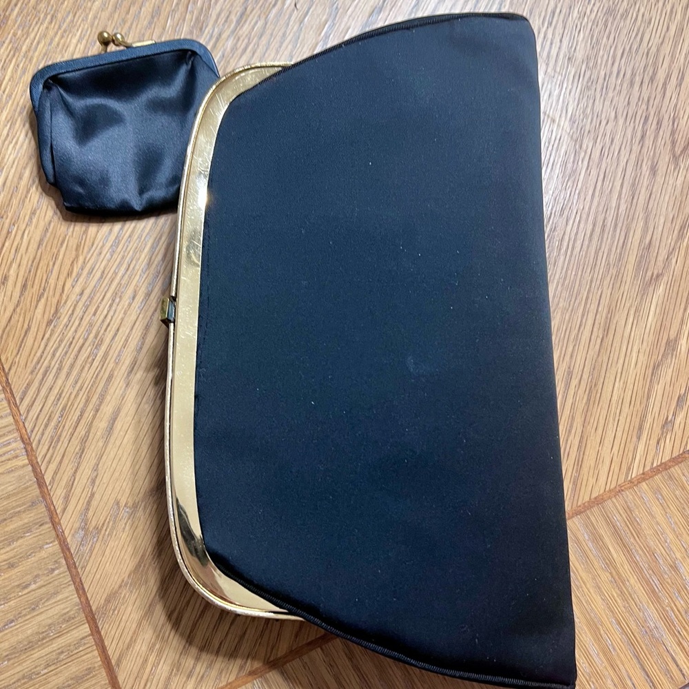 Black Satin After-Five Clutch Vintage w/ attached Coin Purse Gold Accent 1950 60